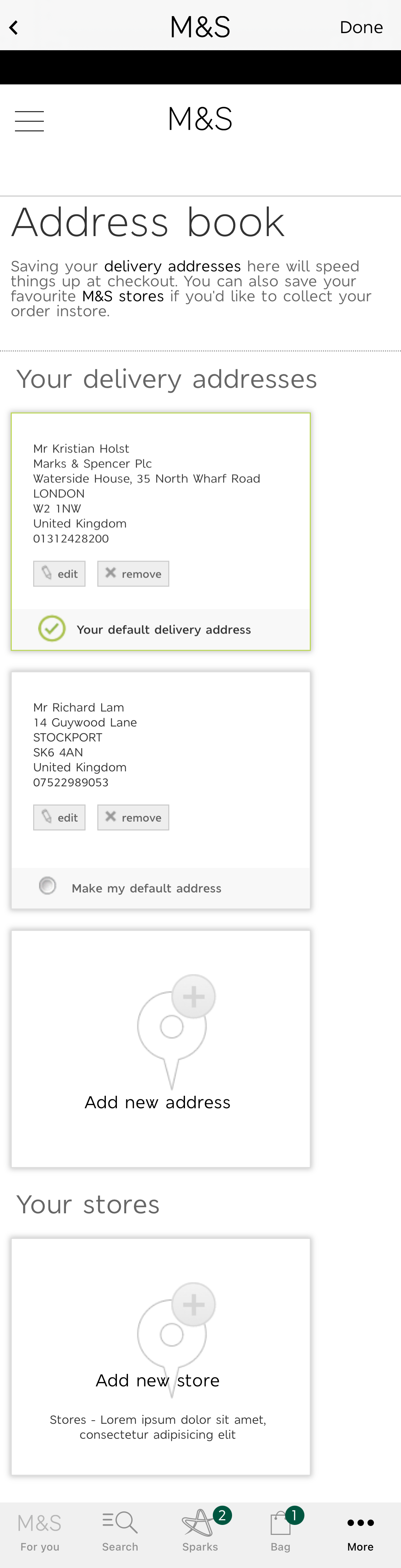 Marks & Spencer’s App Address Book 154 of 428 Address Book Examples